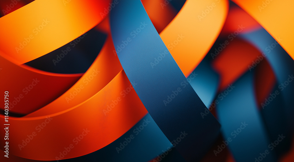 Close-up of an abstract background with gradient colors, close-up, blue and orange hues, blurred ribbons of fabric, minimalism, high resolution, macro photography, depth of field, professional studio 