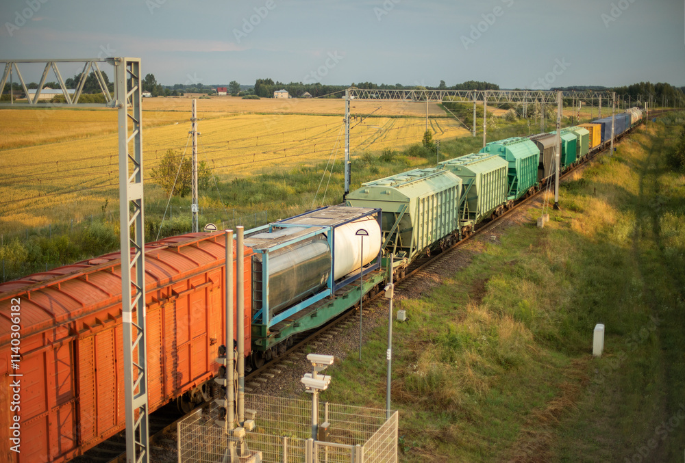 Railway wagons with wagons on a railroad track in summer