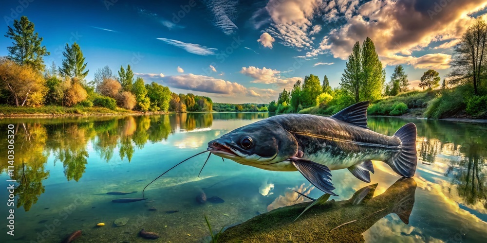 Fototapeta premium Chernobyl Catfish Panoramic: Radioactive Fish, Pripyat Exclusion Zone, Nuclear Disaster, Aquatic Life, Post-Apocalyptic Wildlife, Surreal Landscape Photography