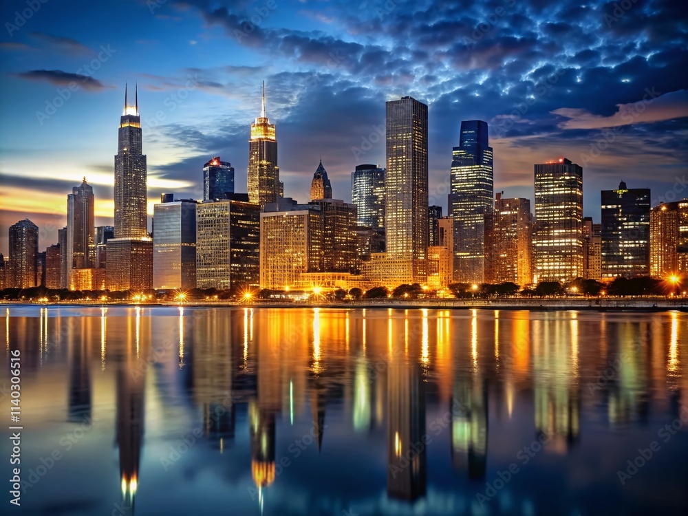 Naklejka premium Chicago Skyline Night Photography - Low Light Cityscape, Dramatic Architecture, Urban Landscape, Building Lights