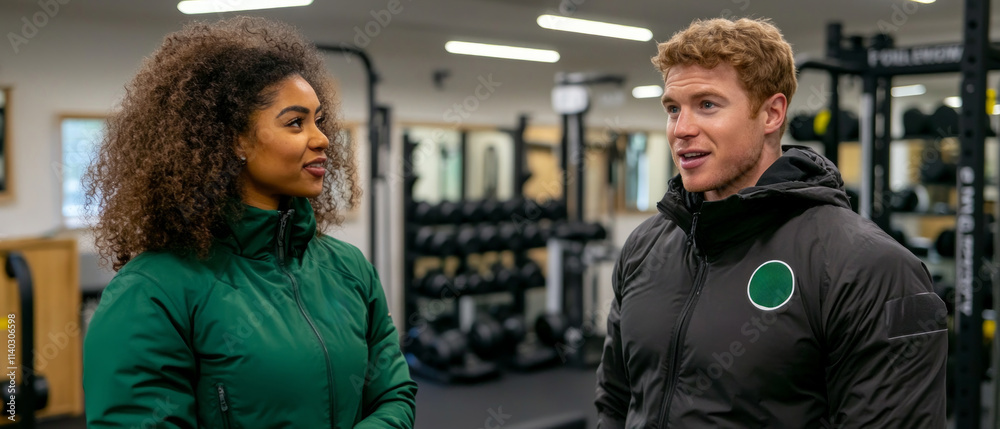 Two people discuss weight loss strategies in a gym. One person shares insights while standing beside exercise equipment in a well-lit fitness environment Two people discuss weight loss strategies in a gym. One person shares insights while standing beside exercise equipment in a well-lit fitness environment