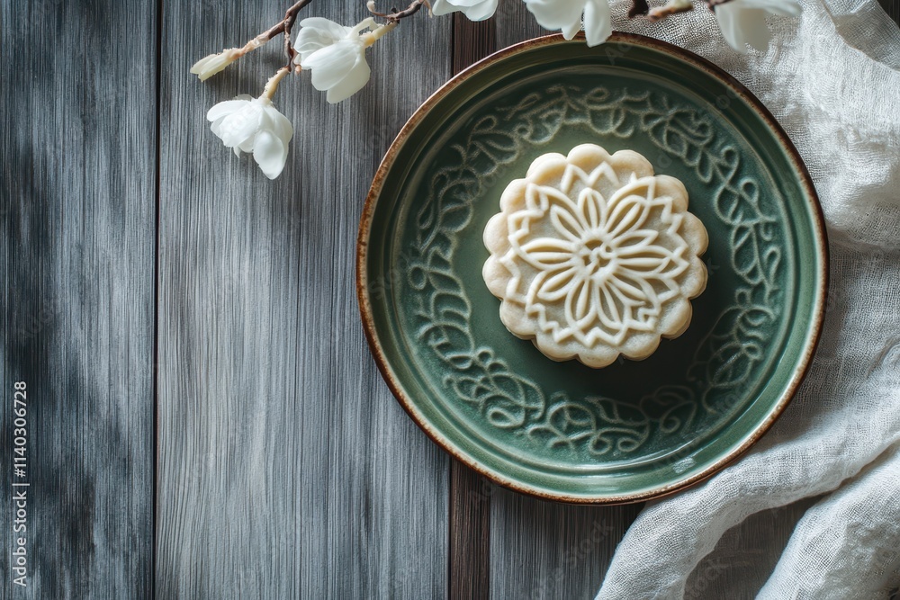 Green plate with a mooncake on a gray wood table Green plate with a mooncake on a gray wood table