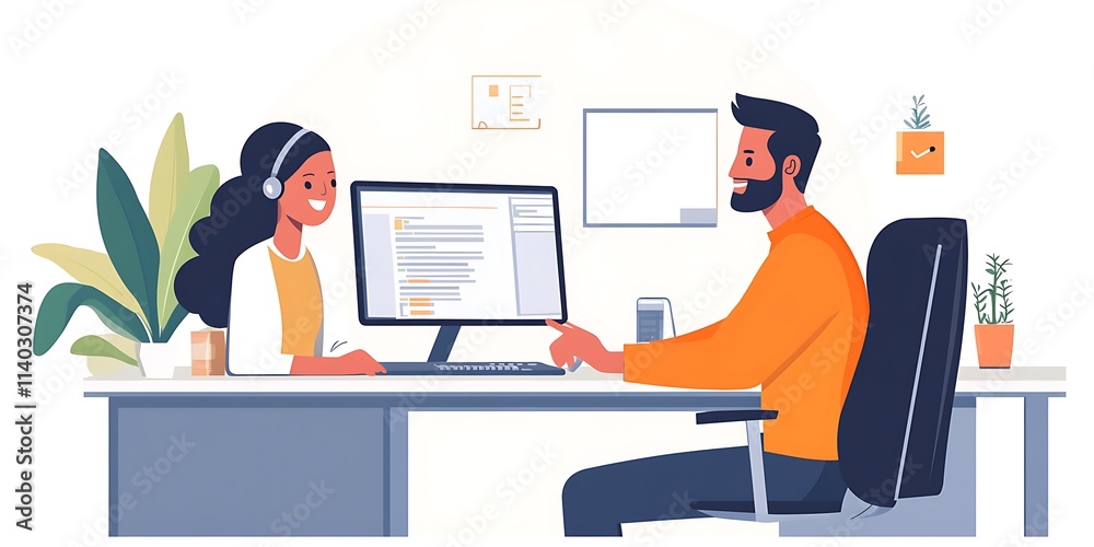 Customer service representative helping a client on a video call Customer service representative helping a client on a video call