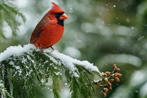 Cardinal on tree branch, slight dusting of snow on the branch. 