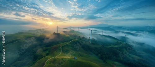 AI generator images of ancient windmills, Holland style windmills Located on the top of a high mountain, covered with mist and clouds, there is a waterfall nearby.It is a beautiful view of the scenery
