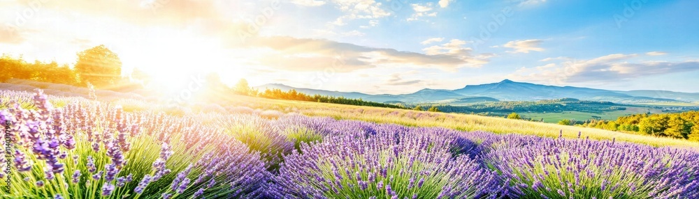 Lavender Field at Sunset with Mountain View. Lavender Field at Sunset with Mountain View.