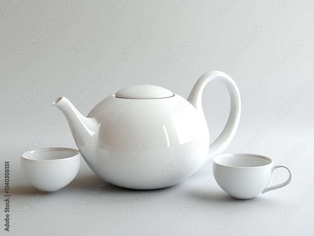 A modern white teapot with matching cups A modern white teapot with matching cups