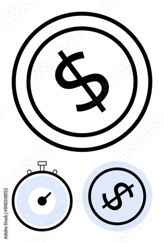 Dollar sign in circle stopwatch dollar sign in blue circle. Ideal for finance, investment, savings, time management, efficiency, economic value, budgeting themes. Line metaphor