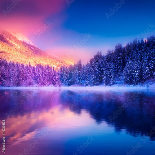 Neon Art Polarlights in the Mountains Winter Landscape photo