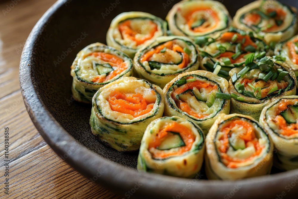 Gyeran mari a Korean rolled omelette is a savory side dish crafted from beaten eggs blended with onion carrot zucchini scallions and garlic chives resembling ta Gyeran mari a Korean rolled omelette is a savory side dish crafted from beaten eggs blended with onion carrot zucchini scallions and garlic chives resembling ta