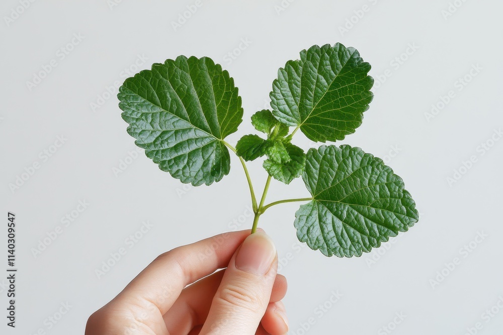 Gynostemma with seven leaves against a white backdrop held in hand Gynostemma with seven leaves against a white backdrop held in hand