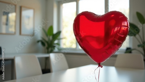 Close-up of a red heart-shaped balloon on the background of a modern office, office decorated for Valentine's day