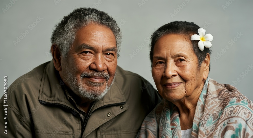 Warm portrait of elderly polynesian couple embracing cultural heritage through traditional attire and expressions