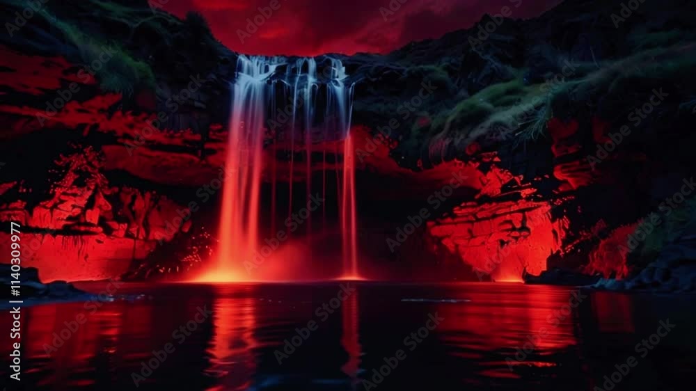Waterfalls flowing with glowing red liquid over dark, jagged cliffs, reflecting ambient crimson light onto a quiet zen pool below, 4k High-Quality Wallpaper Background Animation Video