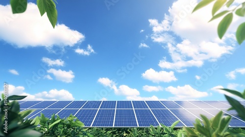 Solar panels under a clear blue sky surrounded by greenery. photo