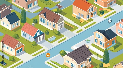 Isometric illustration of a suburban neighborhood with houses, streets, and landscaping.