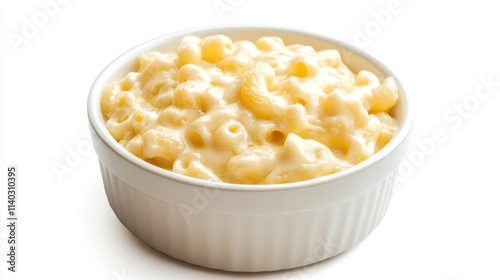 Creamy mac and cheese in a bowl, isolated on white background