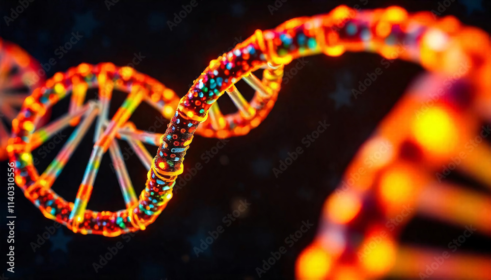 Close-up view of a DNA molecule with vibrant glowing strands, symbolizing genetics, biotechnology, and the intricate structure of life in a futuristic scientific setting Close-up view of a DNA molecule with vibrant glowing strands, symbolizing genetics, biotechnology, and the intricate structure of life in a futuristic scientific setting