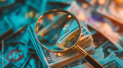 Close-up of magnifying glass examining stack of financial documents, symbolizing bank supervision and regulatory oversight, professional financial audit concept.