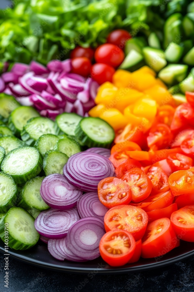 Fresh vegetables are beautifully arranged on a platter, showcasing cucumber, onion, bell peppers, cherry tomatoes, and mixed greens for a healthy meal Fresh vegetables are beautifully arranged on a platter, showcasing cucumber, onion, bell peppers, cherry tomatoes, and mixed greens for a healthy meal