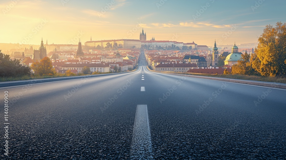 Fototapeta premium Serene Sunrise Over an Empty Paved Highway Leading to a Majestic Cityscape, Capturing the Perfect Stillness of Early Morning Light