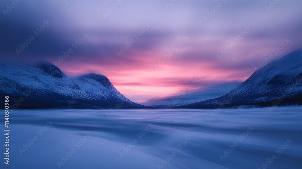 A blurred landscape of snowy mountains at twilight, with hints of pink and purple in the sky. A blurred landscape of snowy mountains at twilight, with hints of pink and purple in the sky.