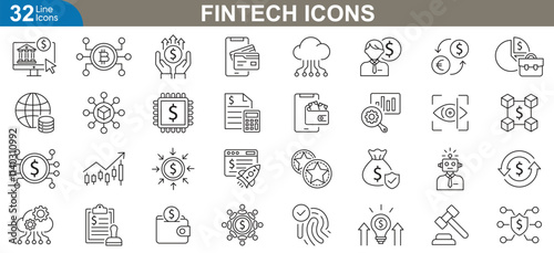 Fintech line icons set. Blockchain, cryptocurrency wallet, mobile banking, stock trading, financial planning, investment, payment solutions and more. vector illustration
