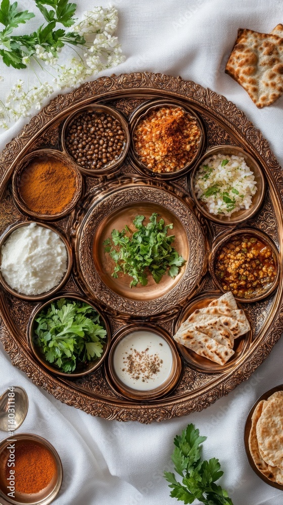 A beautifully arranged platter displays various traditional dishes for Passover, including matzo, herbs, and a mix of sauces, symbolizing the holiday's significance A beautifully arranged platter displays various traditional dishes for Passover, including matzo, herbs, and a mix of sauces, symbolizing the holiday's significance