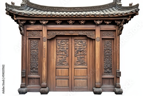 Isolated white background featuring a wooden door in traditional Chinese style