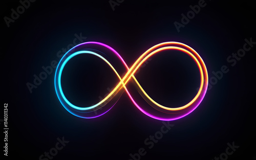 A neon infinity loop, glowing faintly with gradient hues, suspended in a dark space
