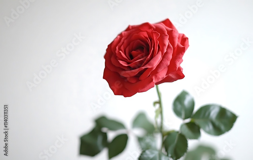 A single red rose with leaves on white background