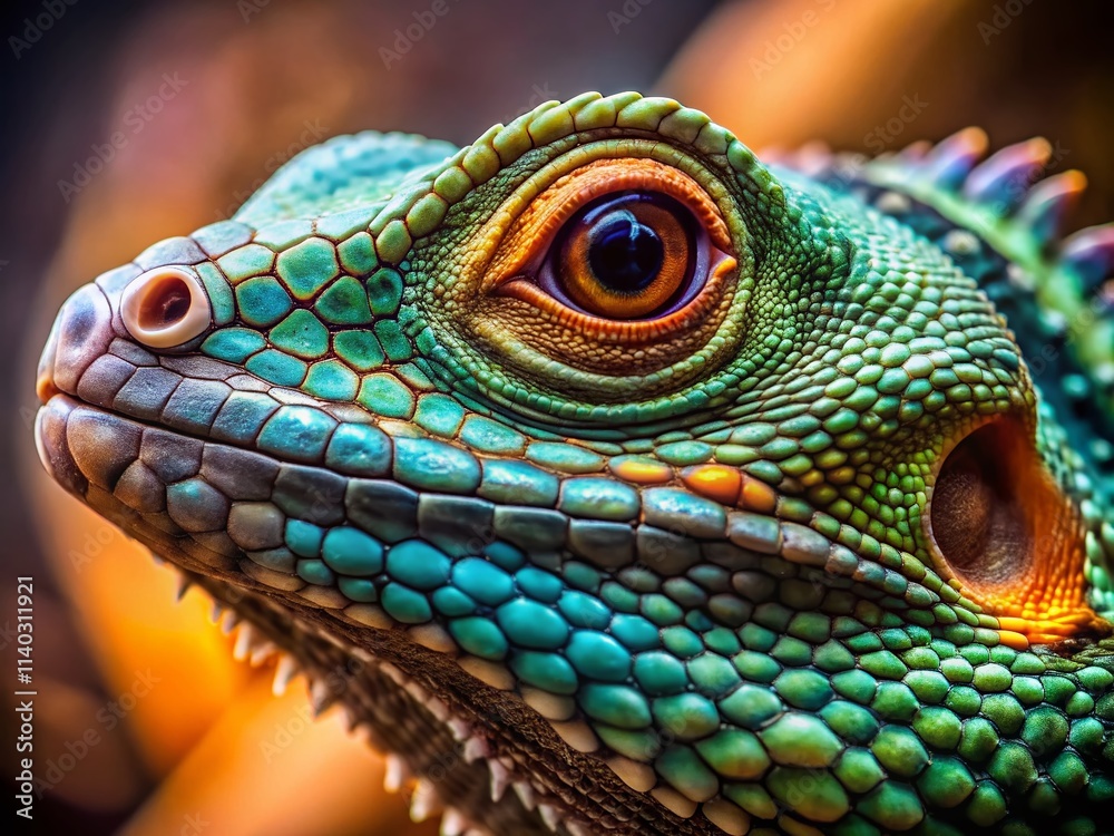 Obraz premium Close Up Macro Exotic Lizard Reptile Photography, Detailed Scales, Reptilian Skin Texture, Wild Reptile Portrait