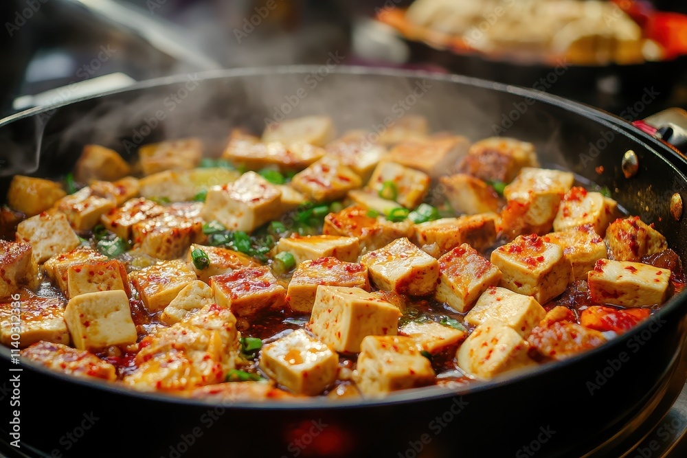 It s a spicy dish containing tofu served in a pot typical of Korean cuisine It s a spicy dish containing tofu served in a pot typical of Korean cuisine