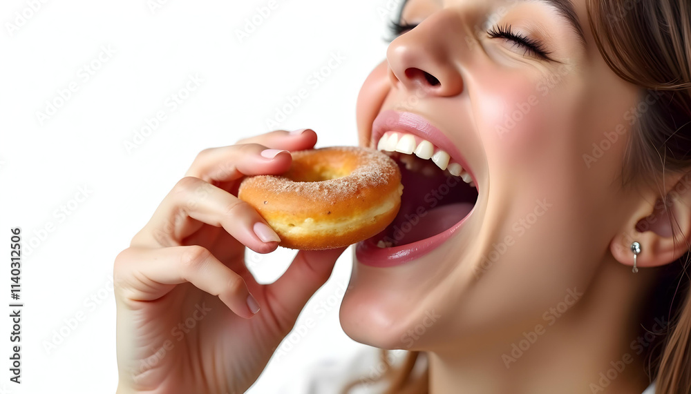 Delighted woman enjoying sweet donut, showcasing joy and indulgence. bright smile and close up capture highlight delicious treat and moment of happiness Delighted woman enjoying sweet donut, showcasing joy and indulgence. bright smile and close up capture highlight delicious treat and moment of happiness