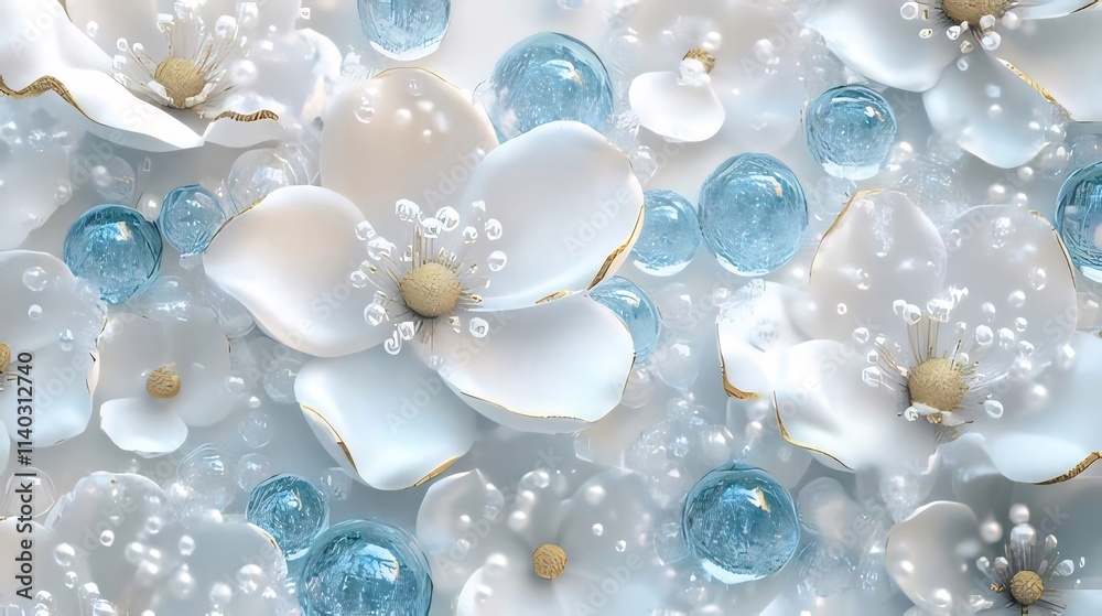 White flowers and blue glass spheres background. White flowers and blue glass spheres background.
