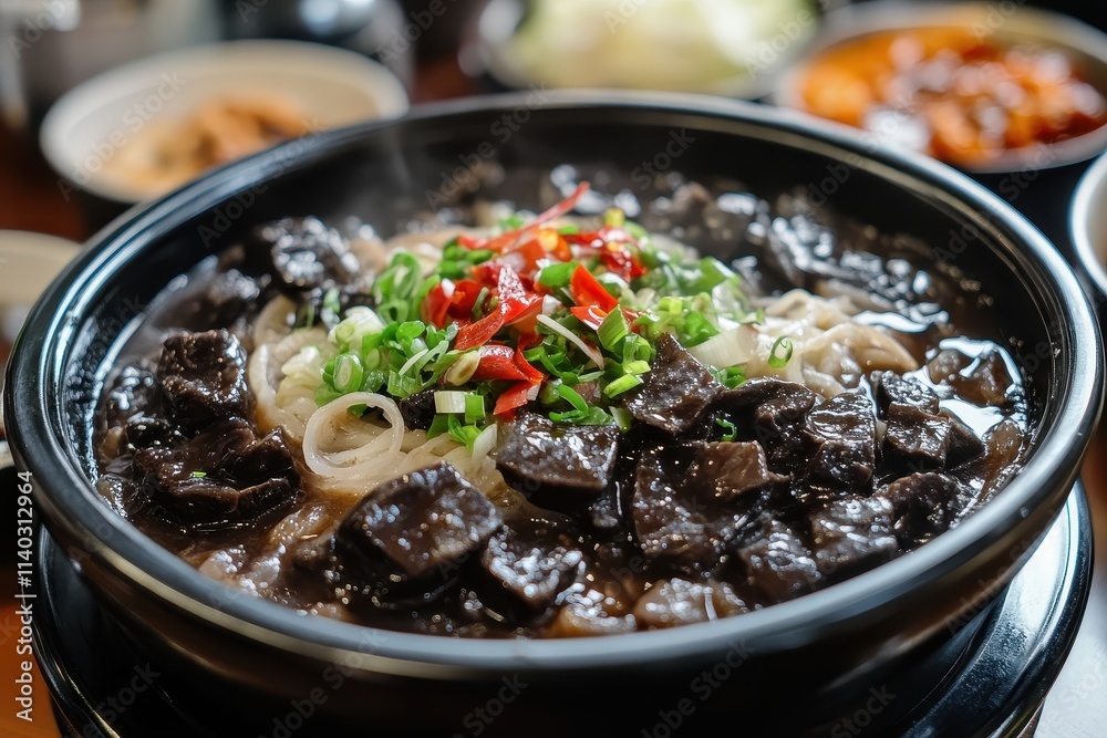 Jajangmyeon black bean noodles on a dark plate close up Jajangmyeon black bean noodles on a dark plate close up