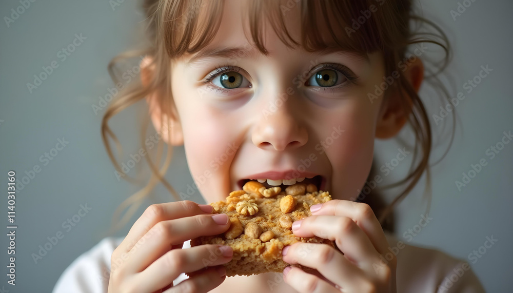 young girl enjoys delicious snack, smiling with joy as she takes bite of crunchy treat. Her bright eyes and cheerful expression capture moment perfectly young girl enjoys delicious snack, smiling with joy as she takes bite of crunchy treat. Her bright eyes and cheerful expression capture moment perfectly