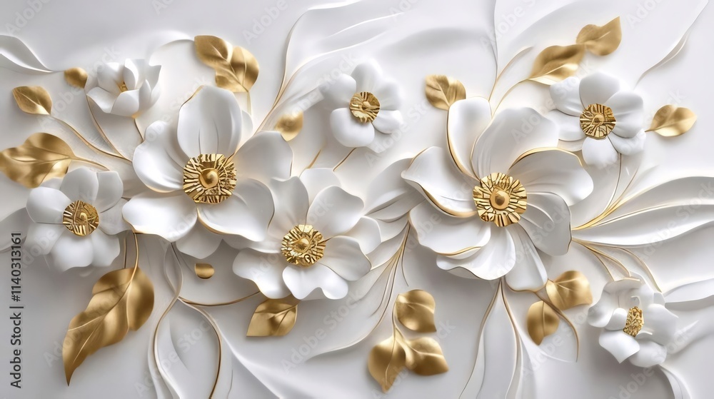 Elegant 3D white and gold floral wall art design. Elegant 3D white and gold floral wall art design.