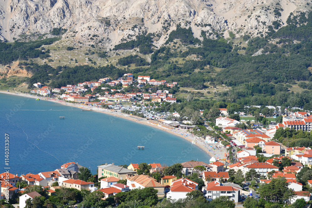 Fototapeta premium View of the main beach (Vela Plaza) in Baska on the island of Krk in Croatia