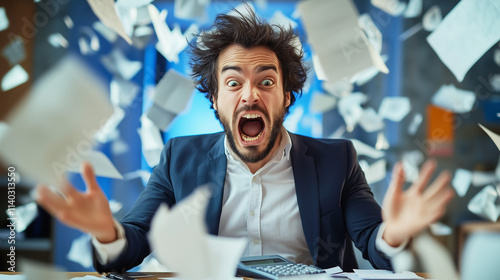 Distressed man at desk surrounded by scattered papers and calculator, looking overwhelmed in office setting with copy space for text.