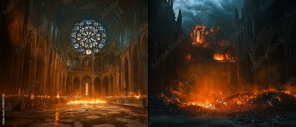 Obraz premium Divided Cathedral: A Stunning Contrast of Warmth and Destruction Captured in a Massive Sacred Space with Vibrant Flames and Eerie Shadows