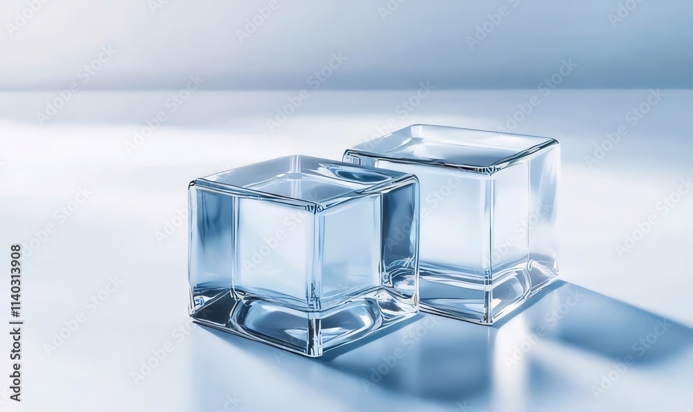 Two clear ice cubes on a light blue surface. Two clear ice cubes on a light blue surface.