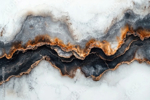 Abstract art depicting layered, wavy forms in black, grey, white, and gold, resembling a geological formation or agate. photo