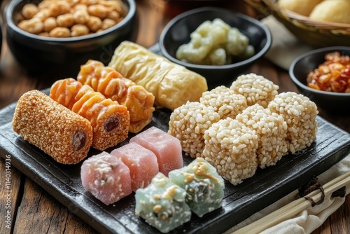 Korean confections and treats like Yaksik Gangjeong puffed rice candy and yugwa photo