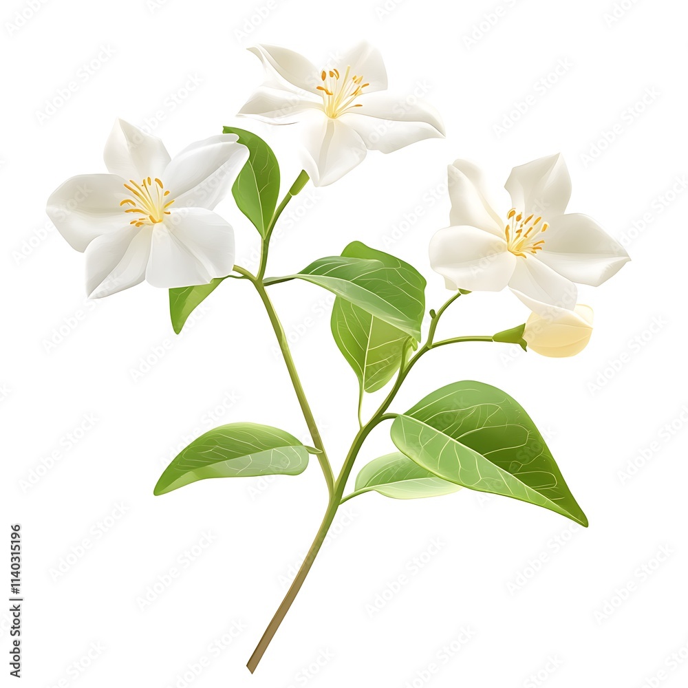 Three white jasmine flowers with green leaves on a stem, isolated on white background. Three white jasmine flowers with green leaves on a stem, isolated on white background.