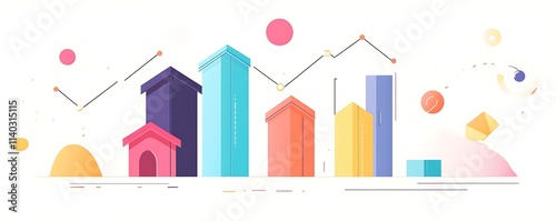 Financial bar graph with house icons increasing in size on a clean background 
