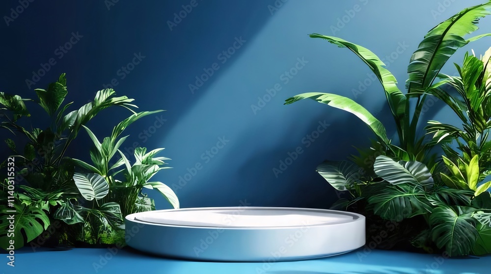 White round podium surrounded by lush tropical plants against a blue wall. White round podium surrounded by lush tropical plants against a blue wall.
