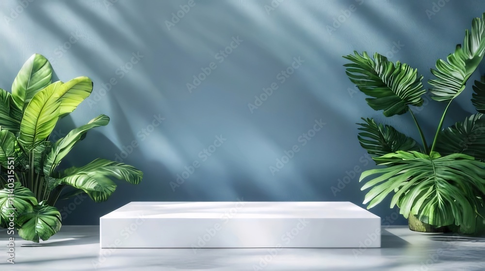 White platform display with tropical plants against a blue wall. White platform display with tropical plants against a blue wall.