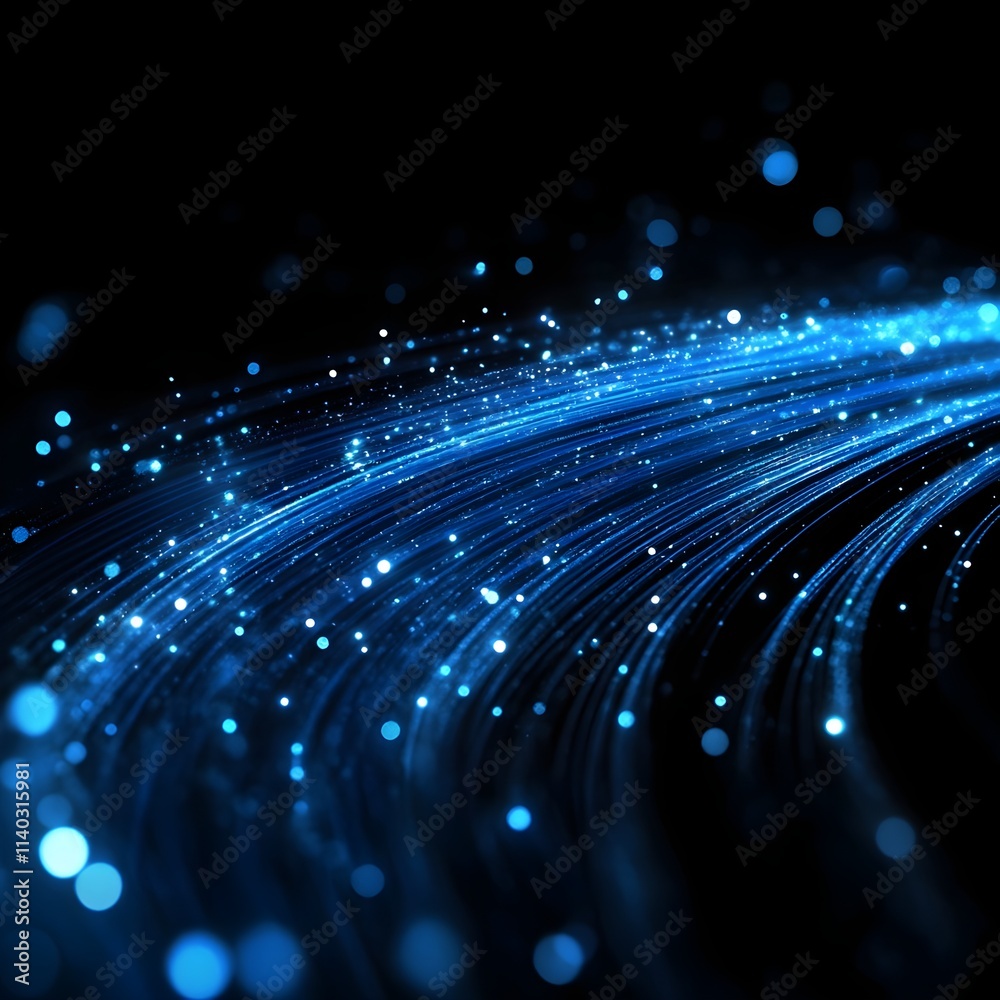 A digital fiber optic pattern with glowing blue streaks stretching across a black background. - A digital fiber optic pattern with glowing blue streaks stretching across a black background. -