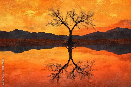 A lone, leafless tree stands serene in a still, orangehued lake mirroring the sunset sky and mountains. photo